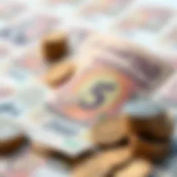 An artistic representation of the UAE Dirham currency notes and coins.