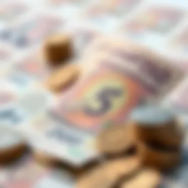 An artistic representation of the UAE Dirham currency notes and coins.